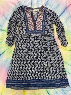 LOFT Navy and White Printed Boho Tunic with Printed Yoke